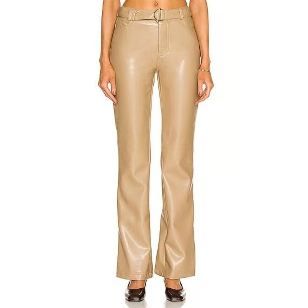 Nicholas Arya Vegan Leather 90s Five Pocket Pant Size 6 Fog Beige Belted Modern